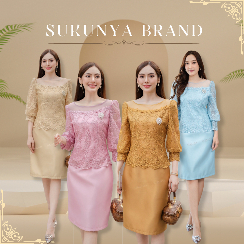 :: 6356 เดรสลูกไม้สุดหรูซีทรูช่างอกแขนบอลลูนกระโปรงผ้าไหมอัดกาว