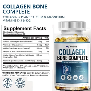 Wellness Collagen Bone Complete With Calcium,Magnesium D3 K2 การเจริญเติบโตของกระดูกและการดูดซึมแคลเซียม 120pcs