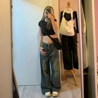 ⭐919JEANS⭐กางเกงยีนส์สีเขียวสนิม กระบอกใหญ่ กางเกงยีนส์ทรงตรง ผ้ายีนส์ ไม่ยืด