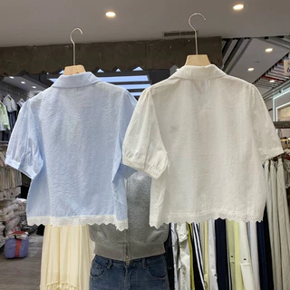 🌻Grace🌻 โบว์ปักสไตล์เกาหลีหวานๆ เสื้อเชิ้ตแขนสั้นฤดูร้อนสำหรับผู้หญิง เสื้อเชิ้ตติดกระดุมสีสันสดใส w635/99129
