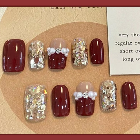 สีแดงเล็บปลอม แบบสั้น ถอดออกได้ สีขาว สีแดง สไตล์เกาหลี สําหรับตกแต่งเล็บ DIY จํานวน 24 ชิ้น ต่อชุด