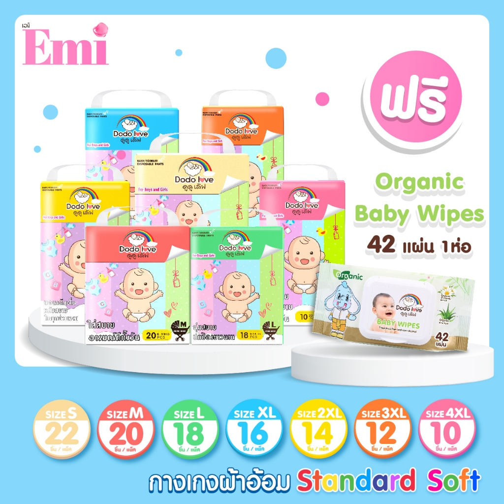 [1แถม1] ซื้อแพมเพิส รุ่น Standard Soft รุ่นเล็ก แถมฟรี ทิชชู่เปียก 42 แผ่น 1 ห่อ แพมเพิสเด็ก DODOLOV
