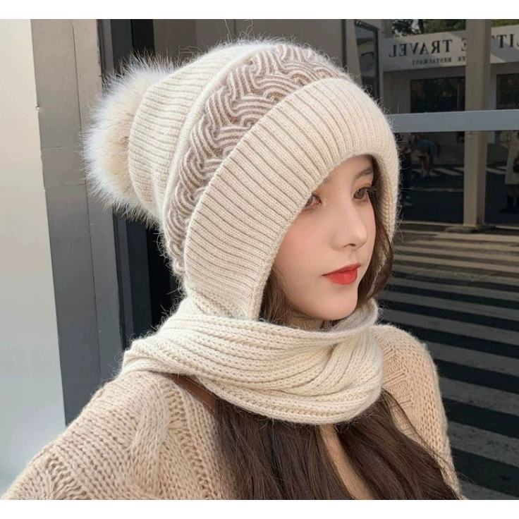 ❤️❤️New พร้อมส่ง!!!❤️❤️หมวกกันหนาวไหมมีปอมๆ พร้อมผ้าพันคอ สำหรับผู้หญิงฤดูหนาว หวานน่ารักรุ่นใหม่ล่สุด *ร้านร่วมส่งด่วน*