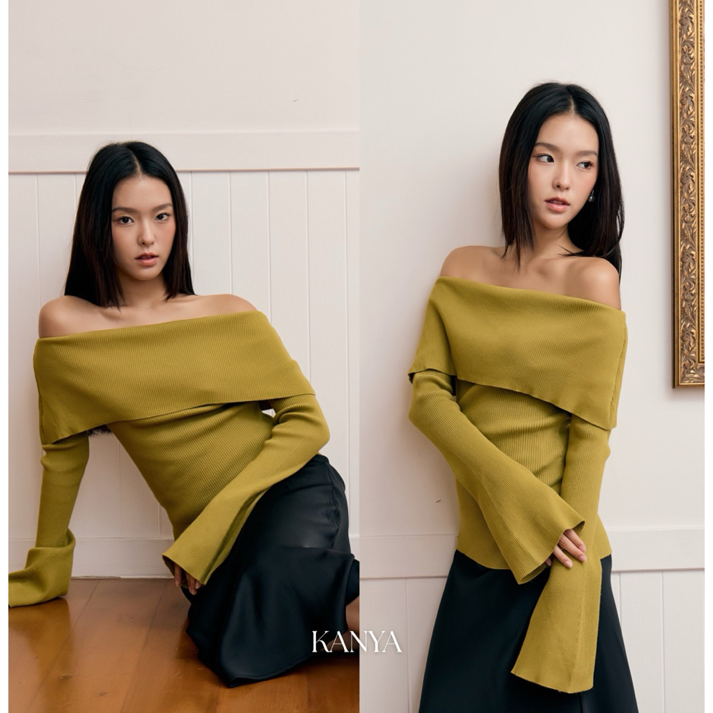 KANYA - SOLÈNE TOP เสื้อไหมพรม ปาดไหล่ แขนกระดิ่ง (7E-7G) / (12J)(เบจอ่อน,Plus size)