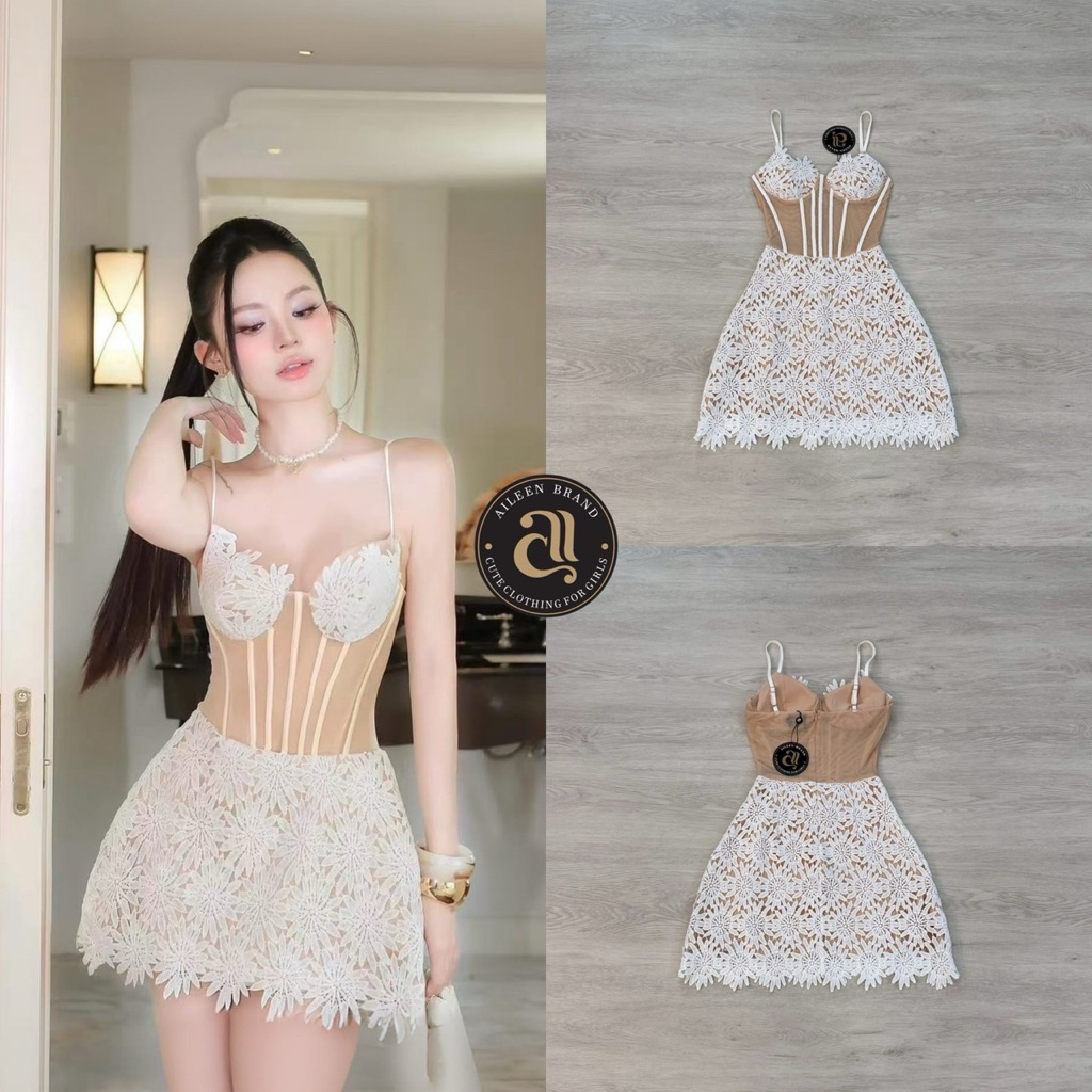 SM10 Aileen Dress เดรสสั้นสายเดี่ยวฮลุลูกไม้ขาว สำหรับผู้หญิง เสื้อผ้าแฟชั่นผู้หญิง ไซส์ Xs-L