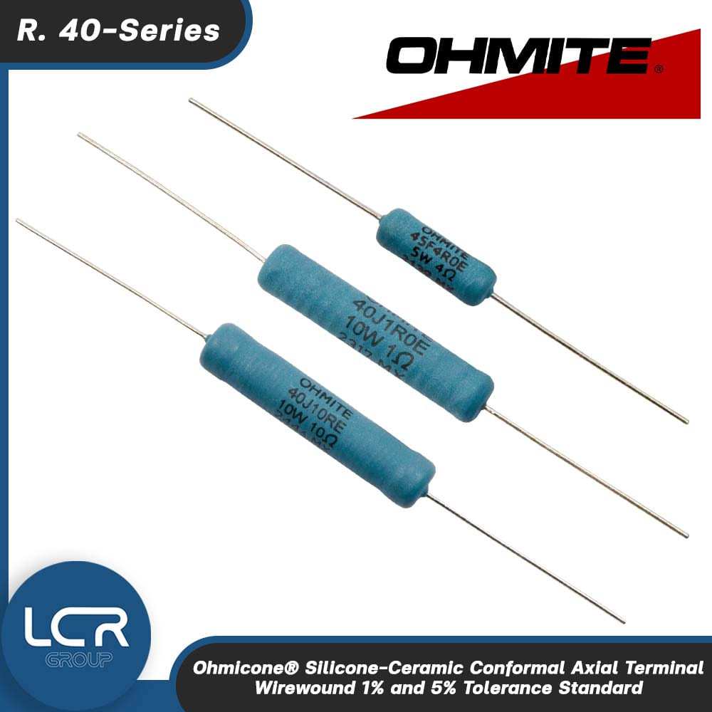 OHMITE R. 40-Series 5-10W 1-5% 1.0-10R. Ohmicone® Silicone-Ceramic Conformal Axial Terminal Wirewoun