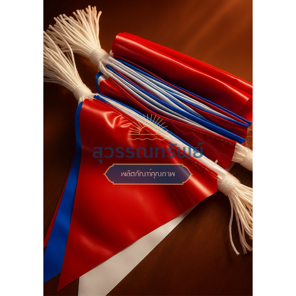ธงราวสีธงชาติไทย  พลาสติก PVC เกรด A ขนาดใหญ่ 17.5*25.5 ซม. ทนแดด กันน้ำ 1 เส้น มี 36 ใบ ธงยาว ประมาณ 16 ม.