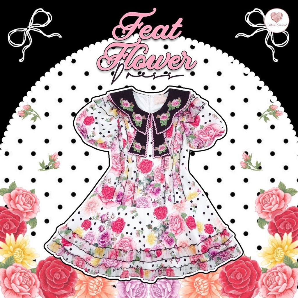 (มี3XL) Maria Diamond หลากสี Feat Flower Dress เดรสผ้าเปเป้พิมพ์ลาย ปกงานปักกุหลาบ แขนสั้นตุ๊กตา ซิปหลัง มีซับใน