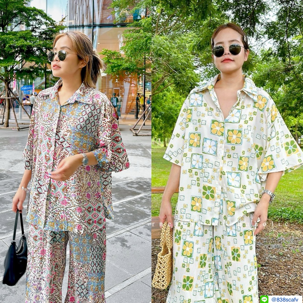 ✅พร้อมส่ง✅ ชุดเซท2ชิ้น ผ้าพริ้ว  เสื้อ อก46“ + กางเกงอัดพลีท เอวสม็อค amcorner