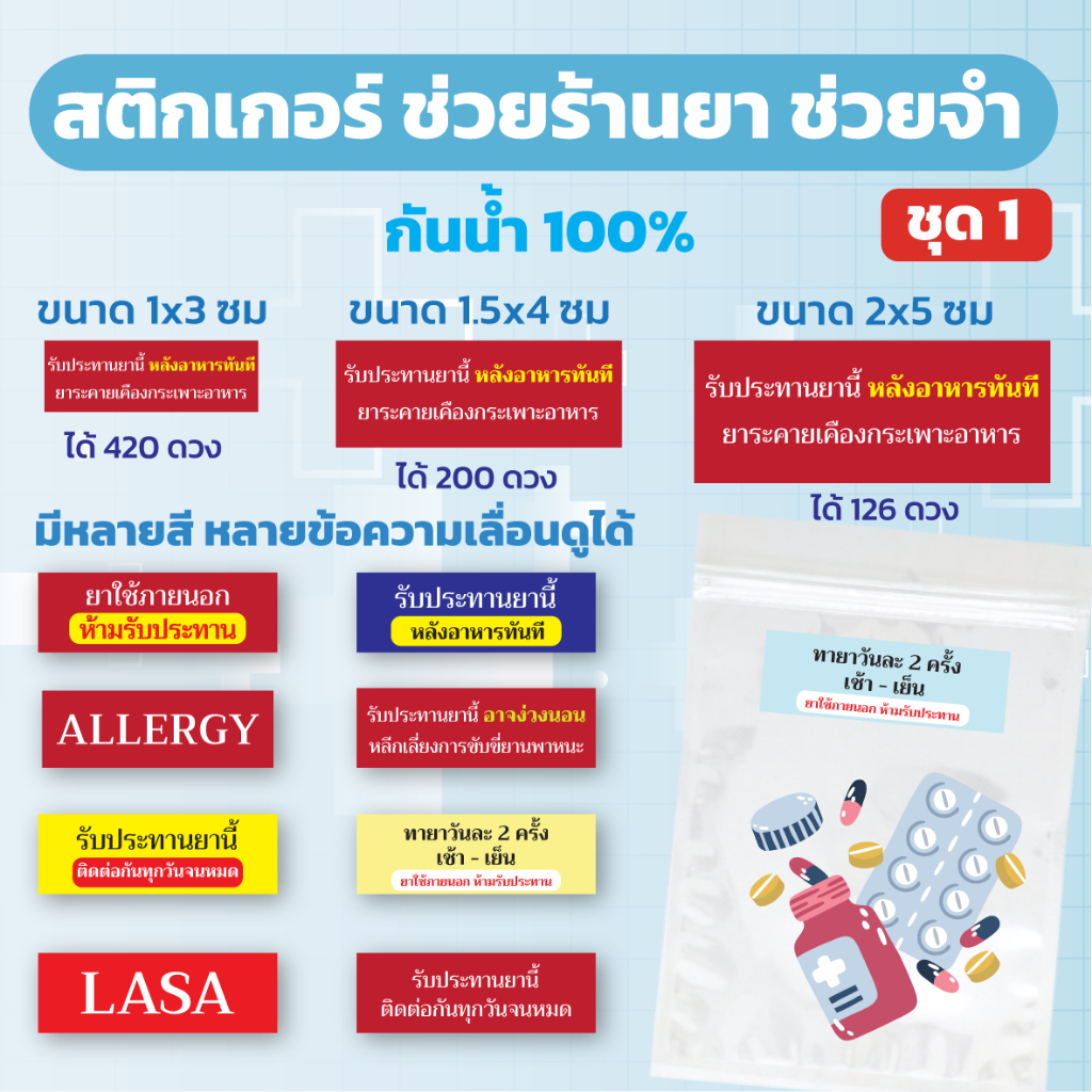 🔥สติกเกอร์กันน้ำ 100%💦 ชุด สติกเกอร์ผู้ช่วยร้านยา ชุดที่ 1 เน้นข้อความกันลืม มีหลายขนาดให้เลือก
