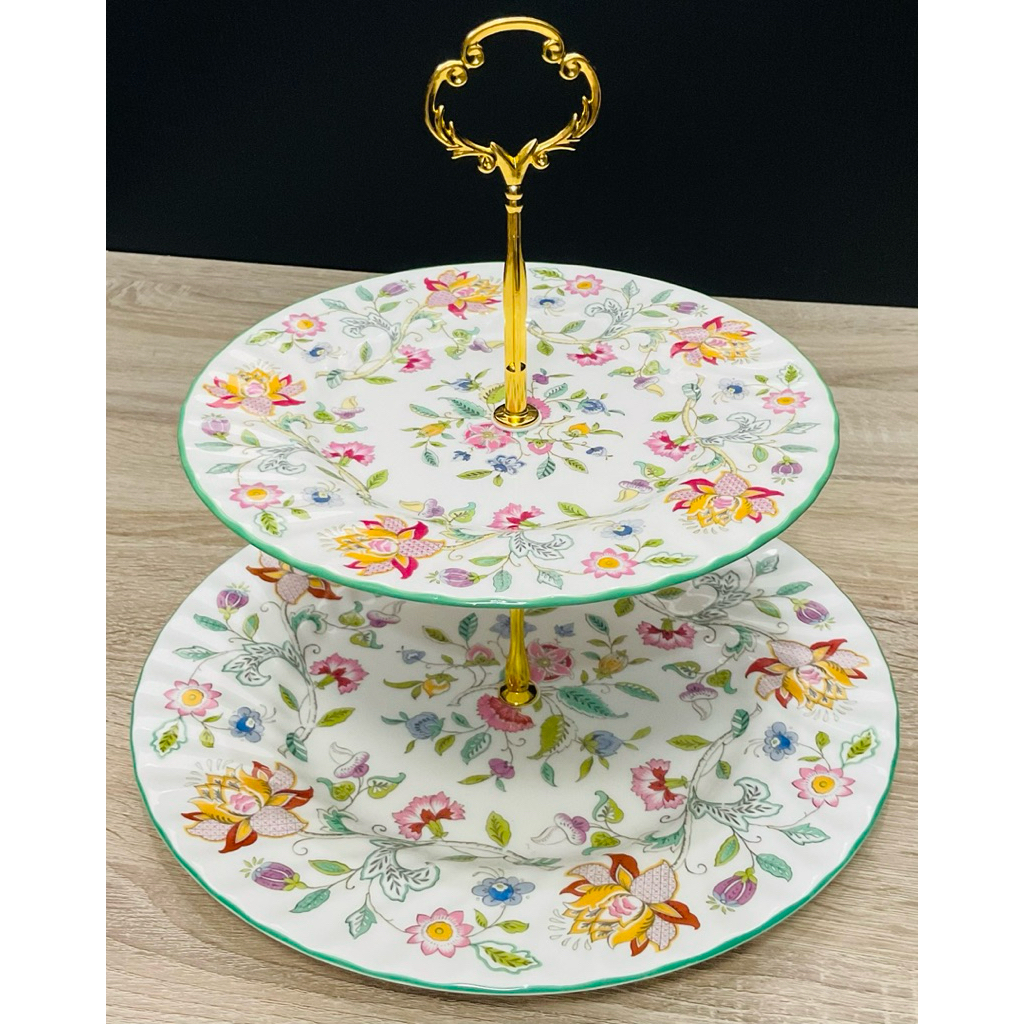 ชั้นเค้ก ลายดอกไม้ขอบสีเขียว Minton England 2 ชั้น