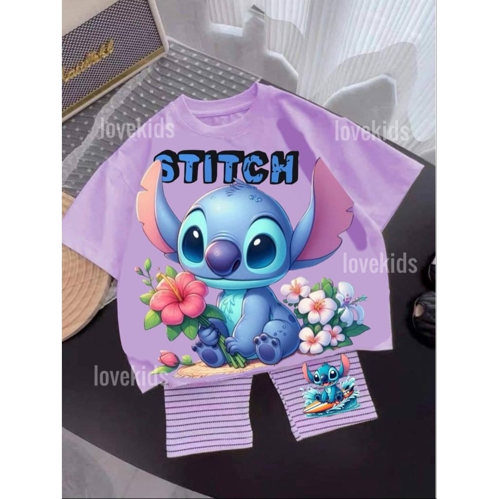 เสื้อผ้าเด็ก เซ็ทลูกสาวลายสติช กางเกง 3ส่วน น่ารักมากกก