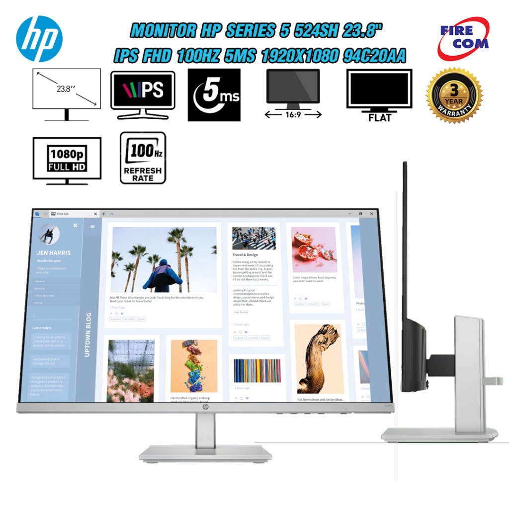 จอมอนิเตอร์ Monitor HP Series 5 524SH 23.8" IPS FHD 100Hz 5ms 1920x1080(VGA,HDM)94C20AA สามารถออกใบก