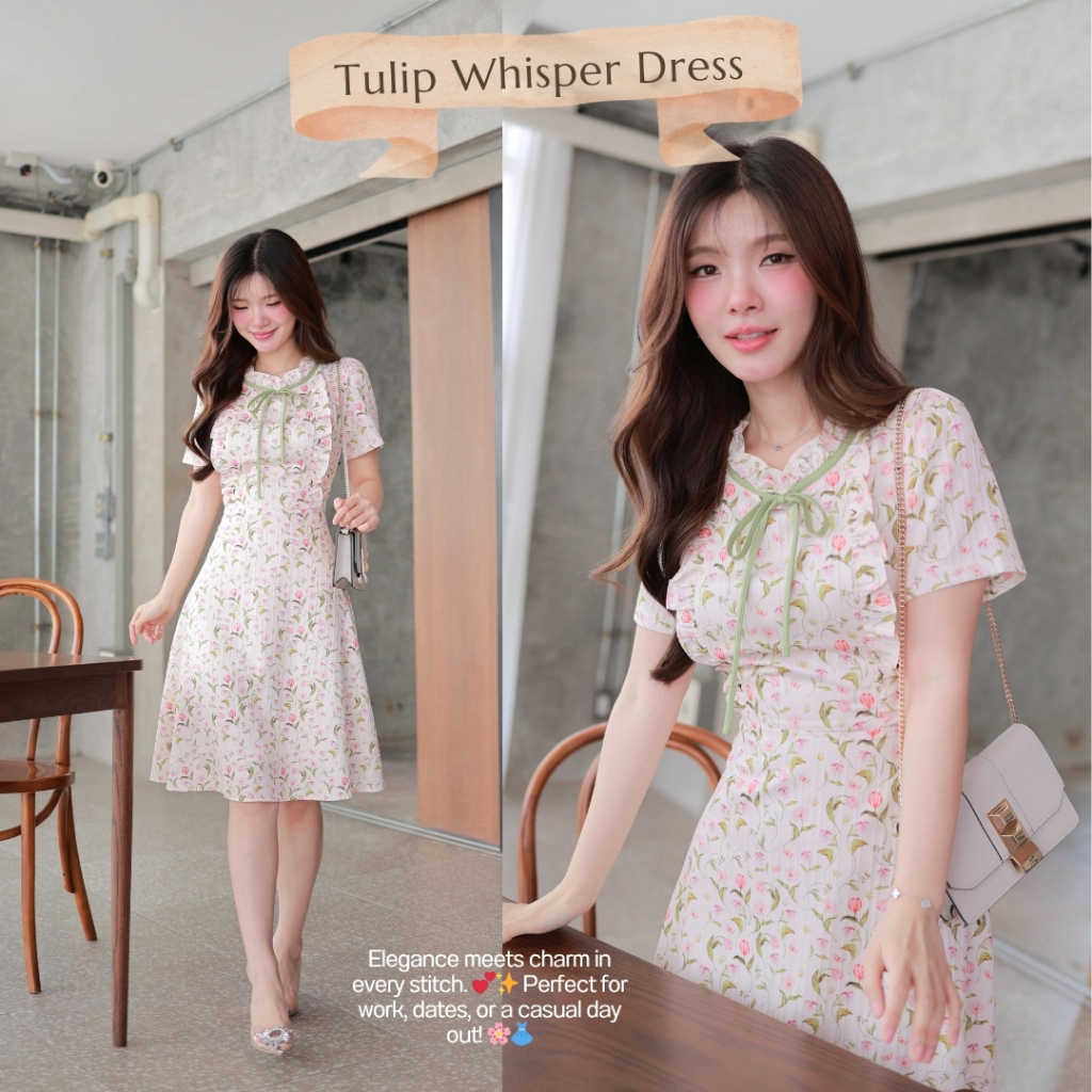 "Romi"Oil" Tulip Whisper Dress (Cream) K277 ชุดเดรสสีครีม (ระบายอกผูกคอลายดอก)