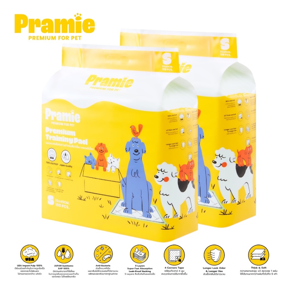 [แพ็ค2] Pramie Premium Training Pad: Size S 33x45 cm แผ่นรองซับฝึกขับถ่ายสำหรับสัตว์เลี้ยง