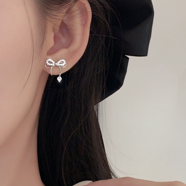 JUJI ต่างหูเงินแท้ โบว์ประดับเพชรcz 1คู่ [รหัสS25]