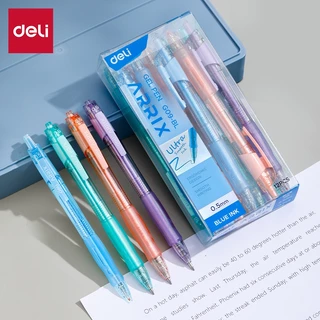 Deli ปากกาเจลหมึกน้ำเงิน 0.5mm แบบกด เขียนลื่น เส้นคม สำหรับนักเรียน นักศึกษา (1 แท่ง) Gel Pen