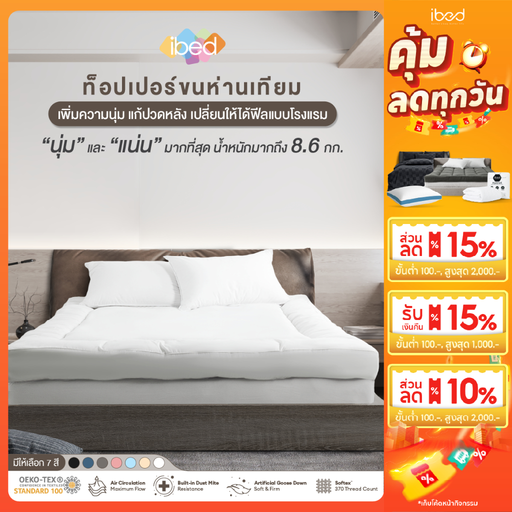 ibed Topper ท็อปเปอร์รุ่นนุ่มแน่นและรุ่น Extra ทอปเปอร์กันไรฝุ่น หนานุ่ม 3.5ฟุต/5ฟุต/6ฟุต (ลายเรียบ)