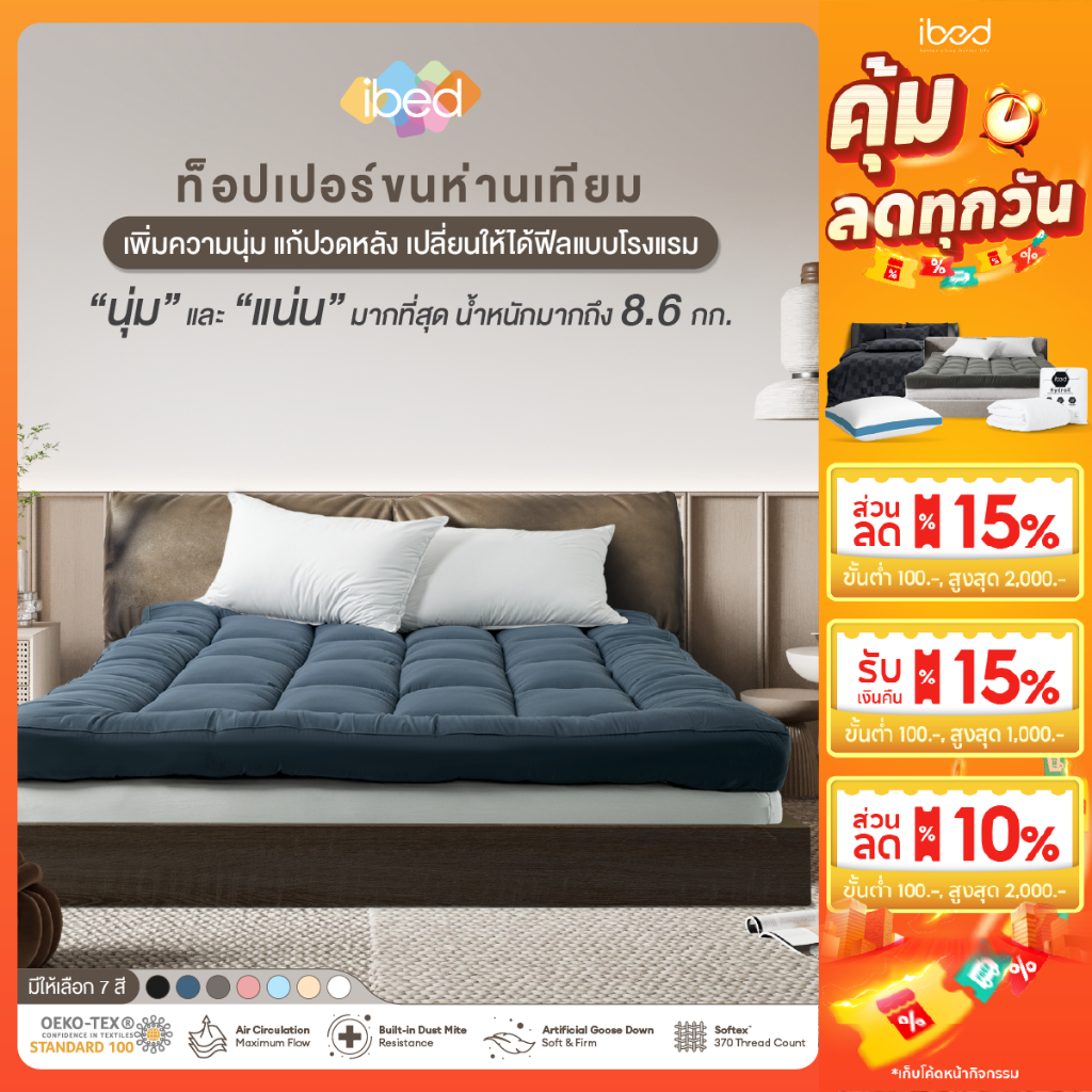 ibed Topper ท็อปเปอร์รุ่นนุ่มแน่นและรุ่น Extra ขนห่านเทียม กันไรฝุ่น (สีDenim+Onyx+Drizzle)