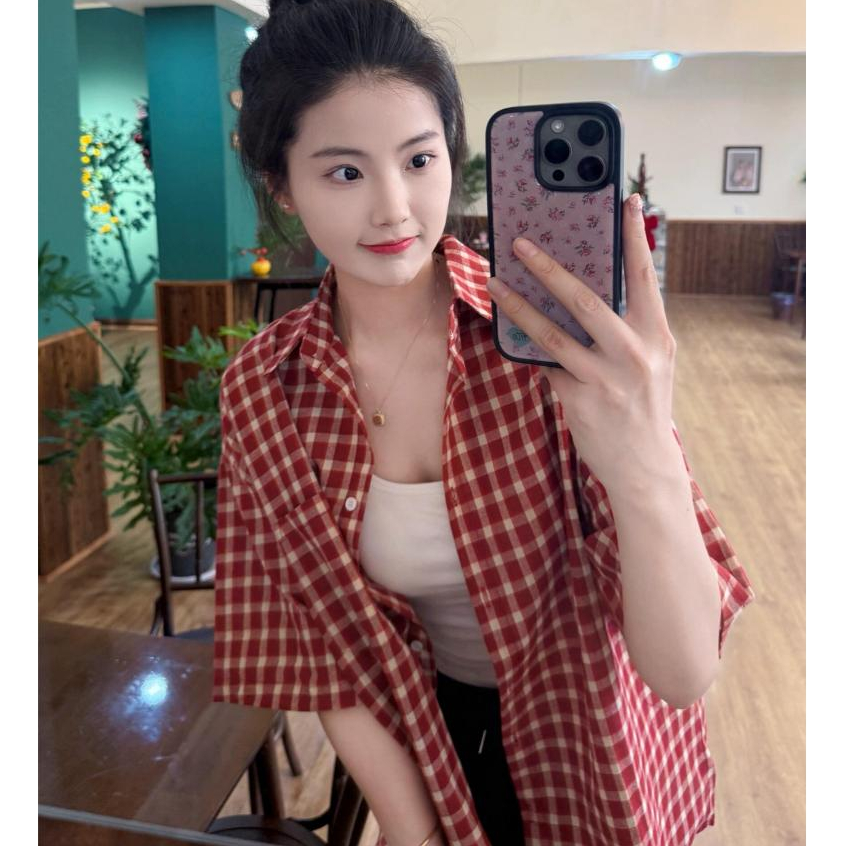 เสื้อเชิ้ตผู้หญิง เสื้อเชิ้ตลายสก็อตสีแดง เสื้อคาร์ดิแกนลำลอง