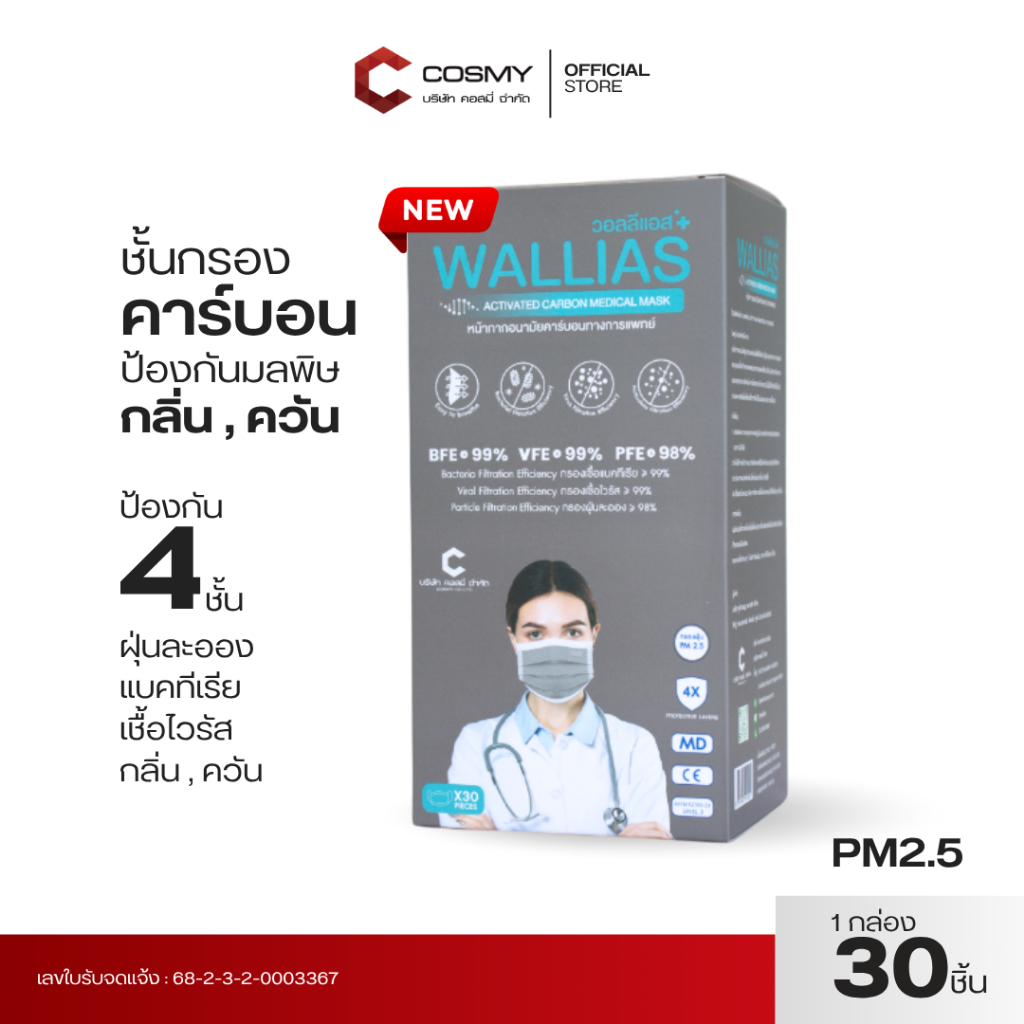 Wallias หน้ากากอนามัยคาร์บอน 30ชิ้น/กล่อง หนา 4 ชั้น แมสคาร์บอน กันPM2.5 กันกลิ่น Activated Carbon Med