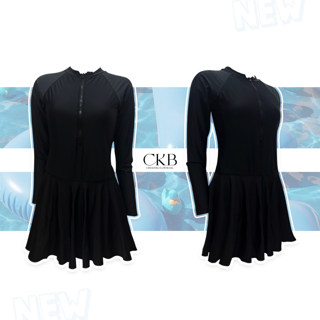 CKB019ชุดว่ายน้ำวันพีชแขนยาวซิปหน้ากระโปรงกางเกงด้านในขาสั้นสีดำมีฟองน้ำผ้าว่ายน้ำ