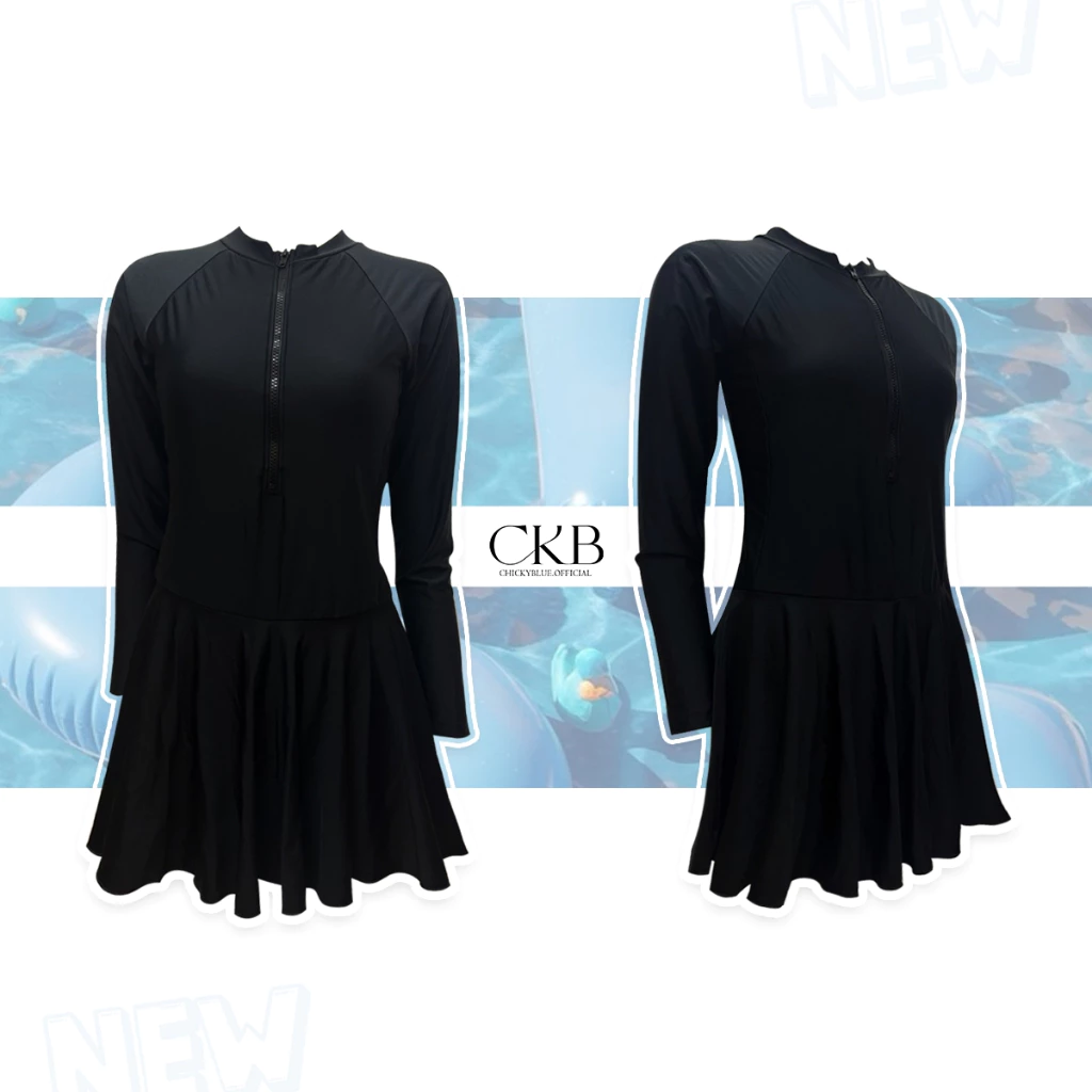 CKB019ชุดว่ายน้ำวันพีชแขนยาวซิปหน้ากระโปรงกางเกงด้านในขาสั้นสีดำมีฟองน้ำผ้าว่ายน้ำ