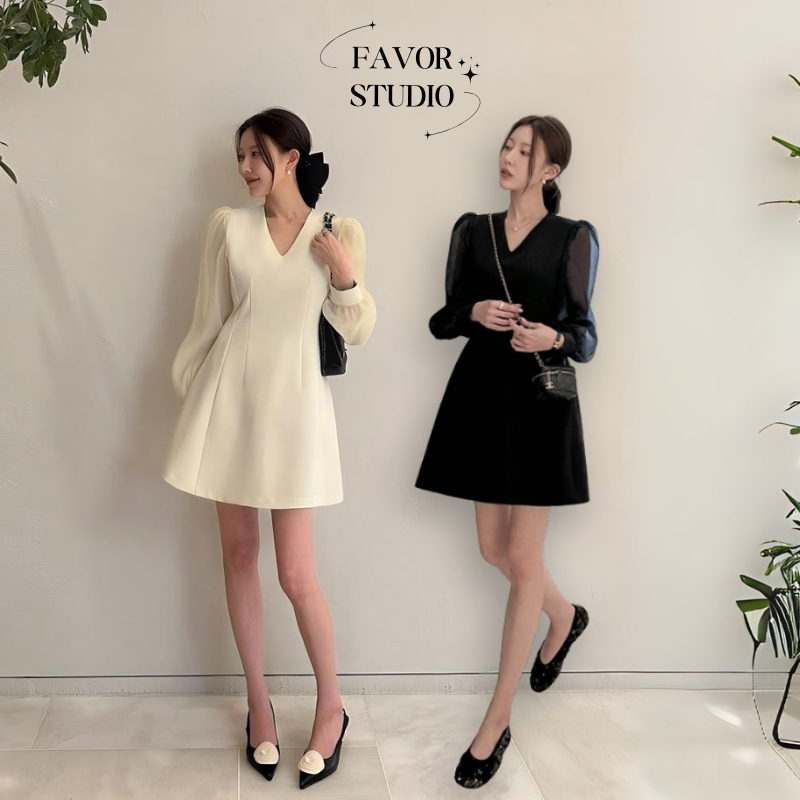 【S-5XL】 เดรสคอวีแขนตุ๊กตาชีฟอง เดรสเข้ารูปสั้นเหนือเข่าสไตล์เกาหลี ชุดออกเดทสุดคลาสสิก