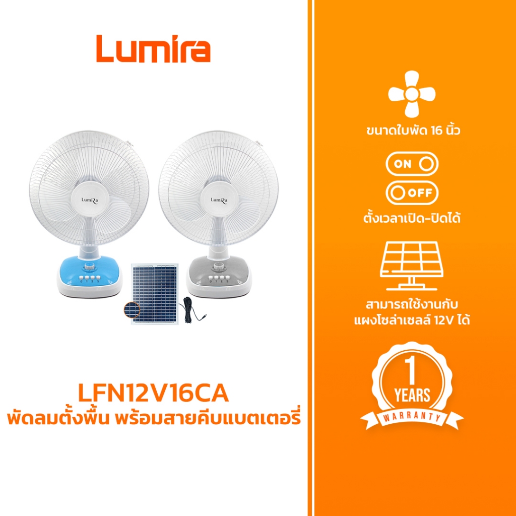 Lumira พัดลมโซล่าเซลล์ รุ่น LFN-031 DC12V 16 นิ้ว ปรับ 3ระดับ ตั้งเวลาปิดได้ มีแผงโซล่า
