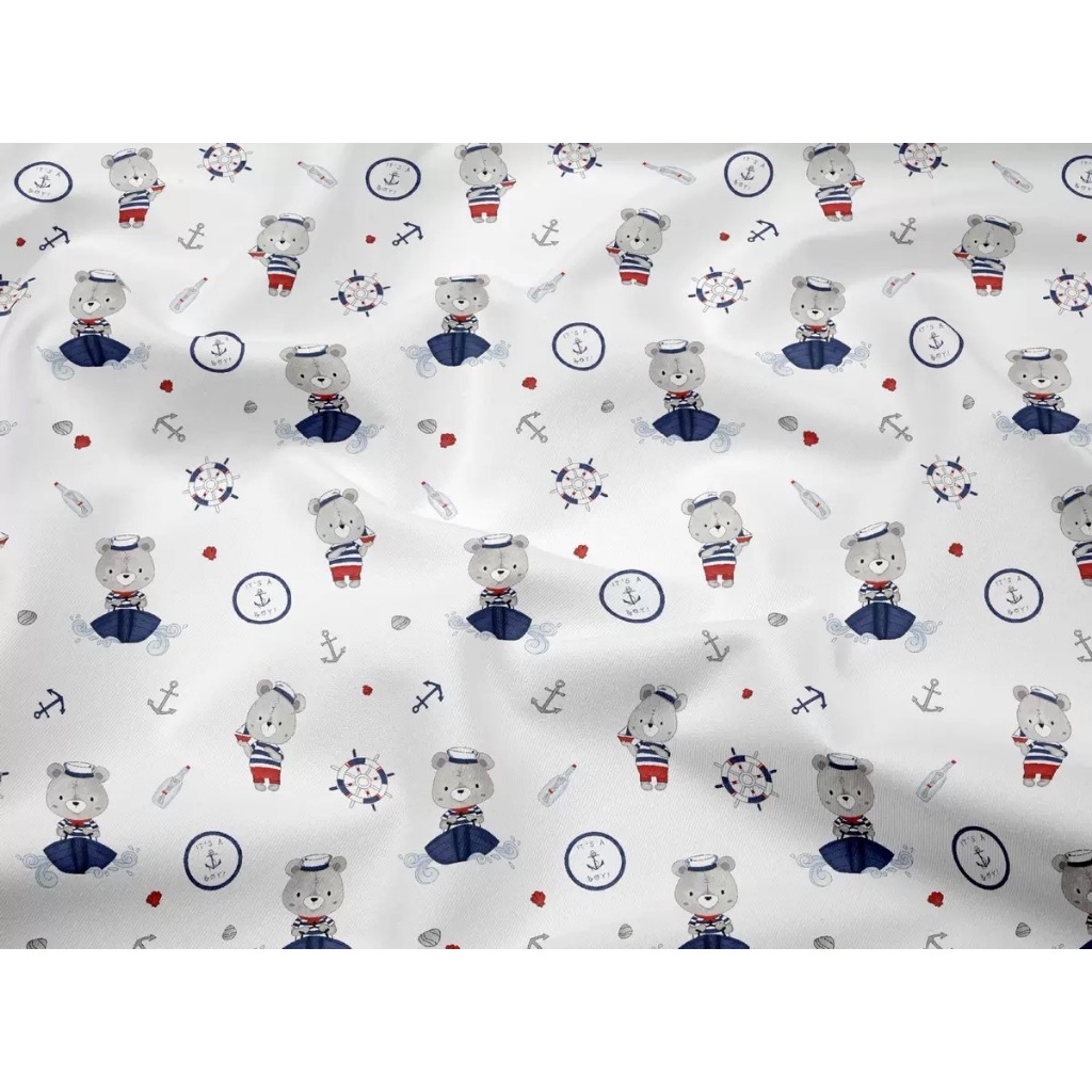 ผ้าคอตตอน 100% คอตตอนทอทวิล ผ้าเมตร ตัดขายเป็นเมตร ผ้าหน้ากว้าง 1.6 เมตร พิมพ์ลายกัปตันหมีน้อย