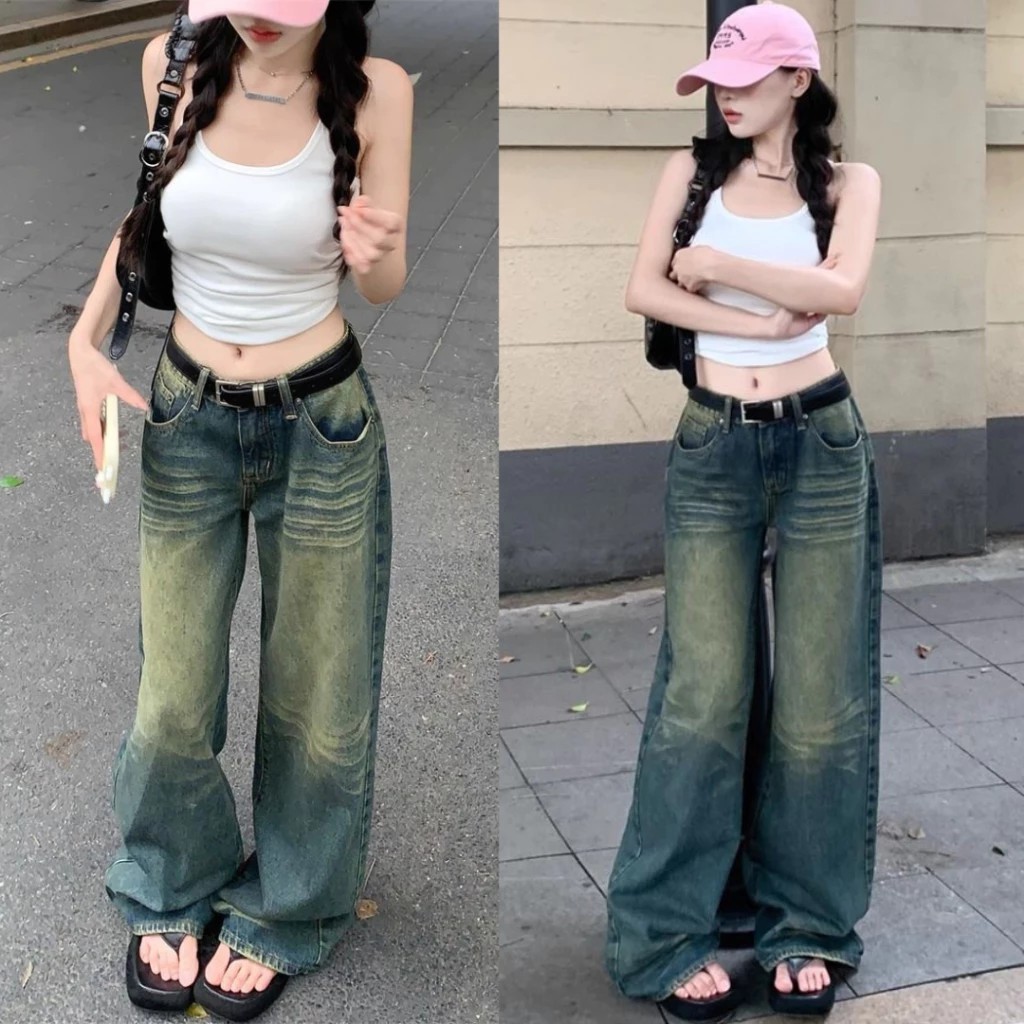 กางเกงยีนส์ สายฝอ ยีนส์ฟอกสนิม SIZE S-2XL ทรงขากระบอกขายาว