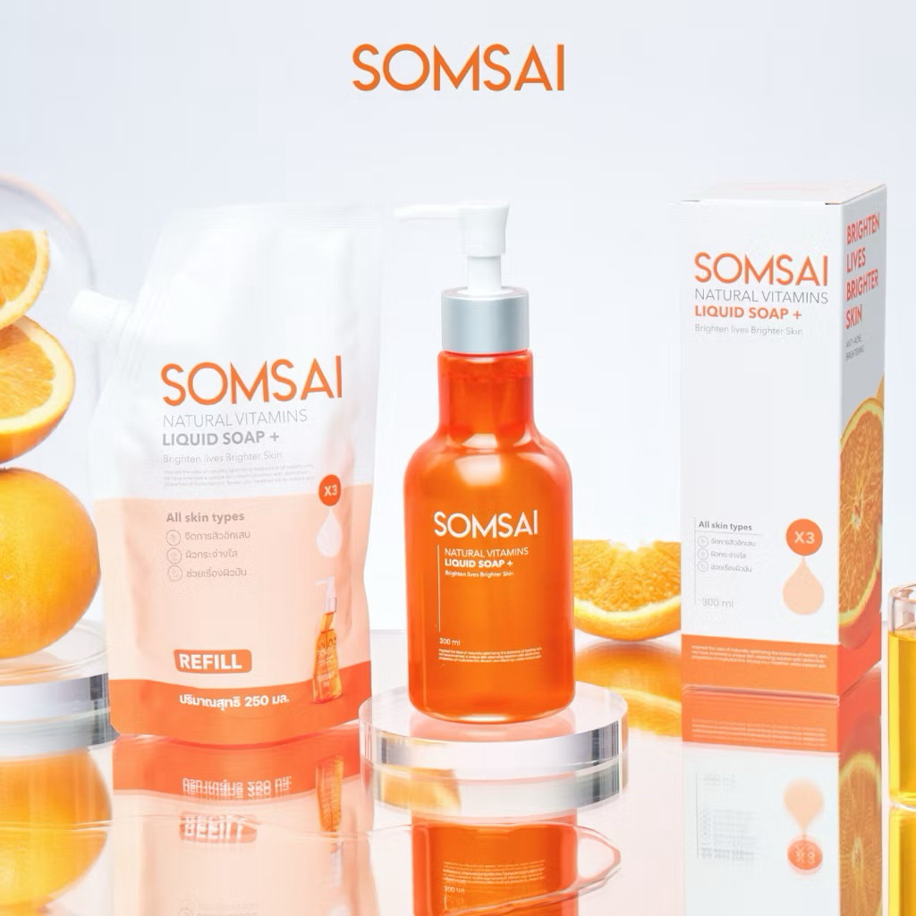 SOMSAI สบู่ล้างหน้าวิตามินส้มใส ขวดใหญ่ 300ml หน้าใส ไร้สิว คุมมัน ปราศจากผิวติดสาร อ่อนโยนแม้ผิวแพ้