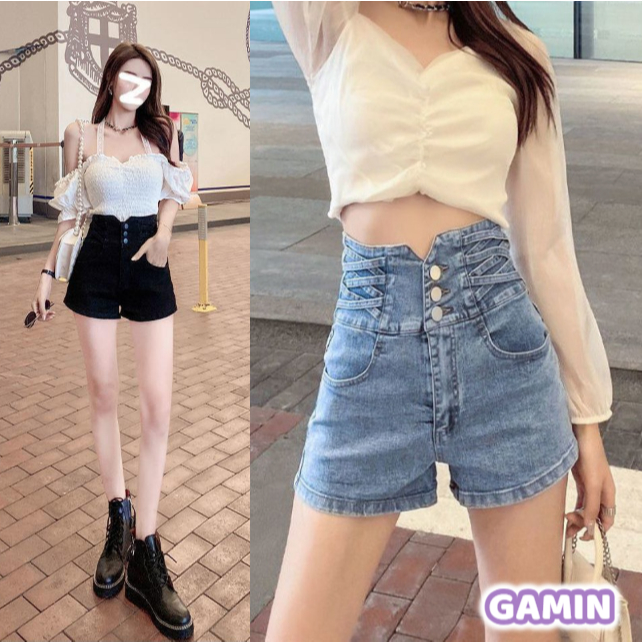 Gamin-CP314 กางเกงยีนส์ขาสั้นเอวสูงแบบแฟชั่นไตล์เกาหลีผ้าดีเก็บทรงสวยยืดตามตัวใส่สบาย