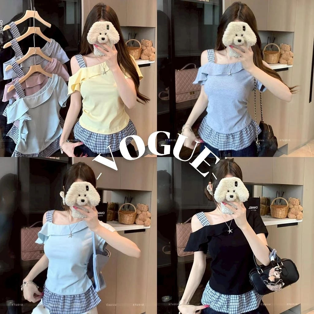 Vogue🌟พร้อมส่ง🌟 เสื้อไหมพรมเปิดไหล่ แขนสั้น สีพาสเทลน่ารักมาก (56523)