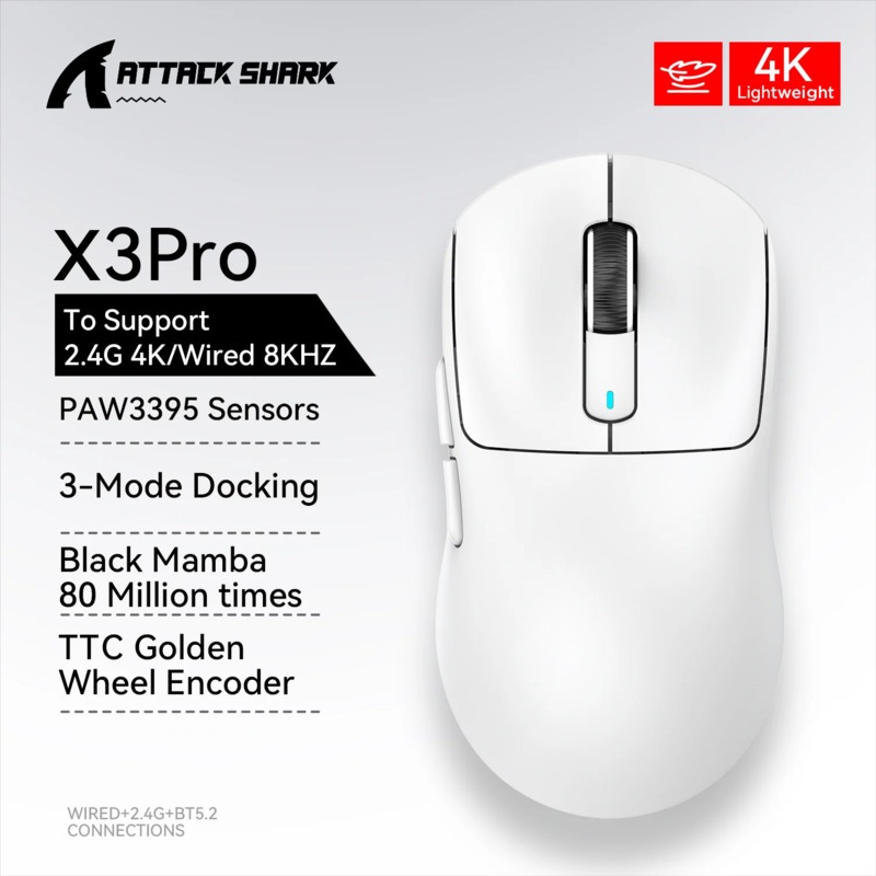 ATTACK SHARK X3 PRO เมาส์ไร้สาย ส์น้ําหนักเบา PAW3395 สามโหมด 4K 8K เกมเมาส์คอมพิวเตอร์ 3 Mode