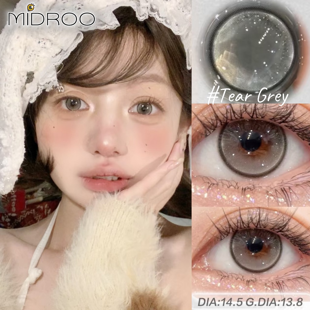 【ซื้อครบ2 คู่ แถมลิปกลอส】 คอนแทคเลนส์ Midroo คอนแทคเลนส์สีเทา Tears Grey ขนาด 14.5mm เลนส์มีค่าสายตา