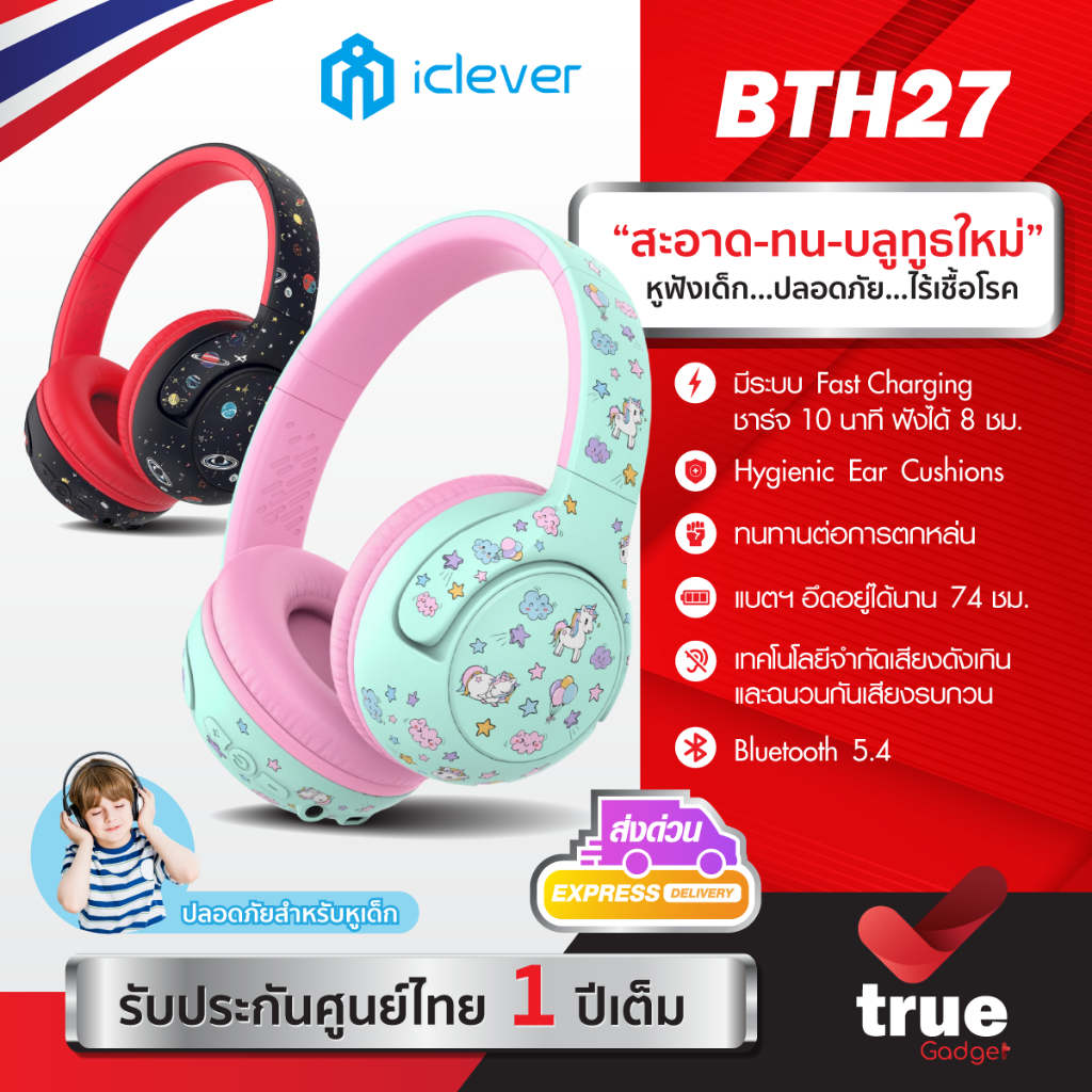 ประกันศูนย์ไทย1ปี หูฟังเด็กเล็ก iClever BTH27 Kids Headphone หูฟังสำหรับเด็ก หูฟังตัดเสียงรบกวนสำหรั