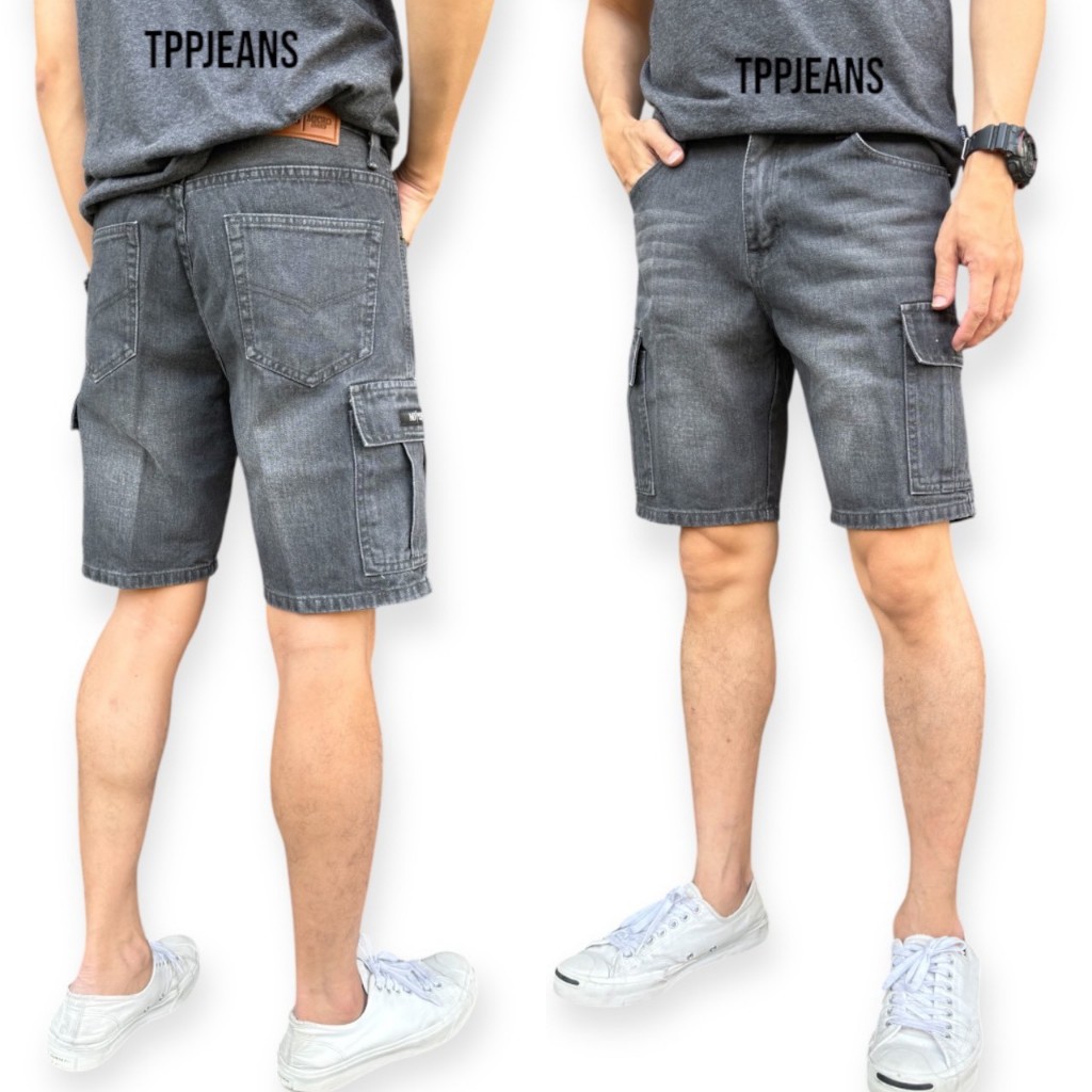 JEANSEXPRESS Cargo Denim กางเกงยีนส์ขาสั้นคาร์โก้ ทรงเหนือเข่า สีเทาฟอก ทรงสวย เป้าซิป กระเป๋าข้าง Size 28-36