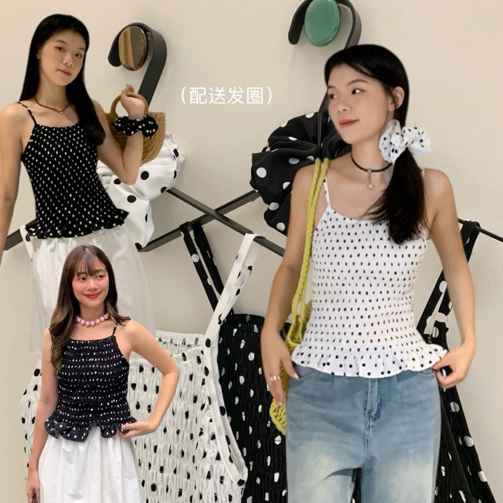 ส่งด่วน 🍑 𝐖𝐆.𝐖𝐄 6314 set 2 pcs. เสื้อสายเดี่ยว พร้อมผ้าผูกผม ผ้าลายจุด สม็อกรอบตัว ชายเสื้อระบาย