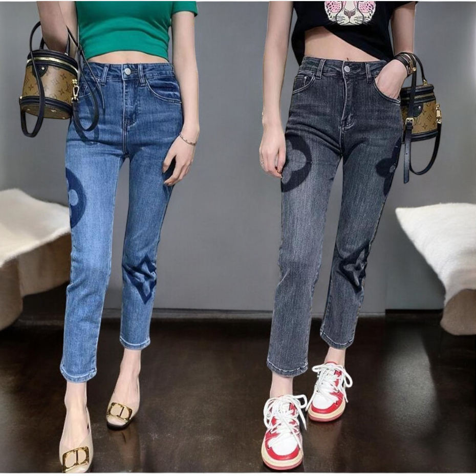 GHAOHES กางเกงยีนส์ขายาวผ้ายืด เอวสูง สาวอวบ เข้ารูป เย็บปักถักร้อย สลิมฟิต ซักไม่หด สวยมีเสน่ห์