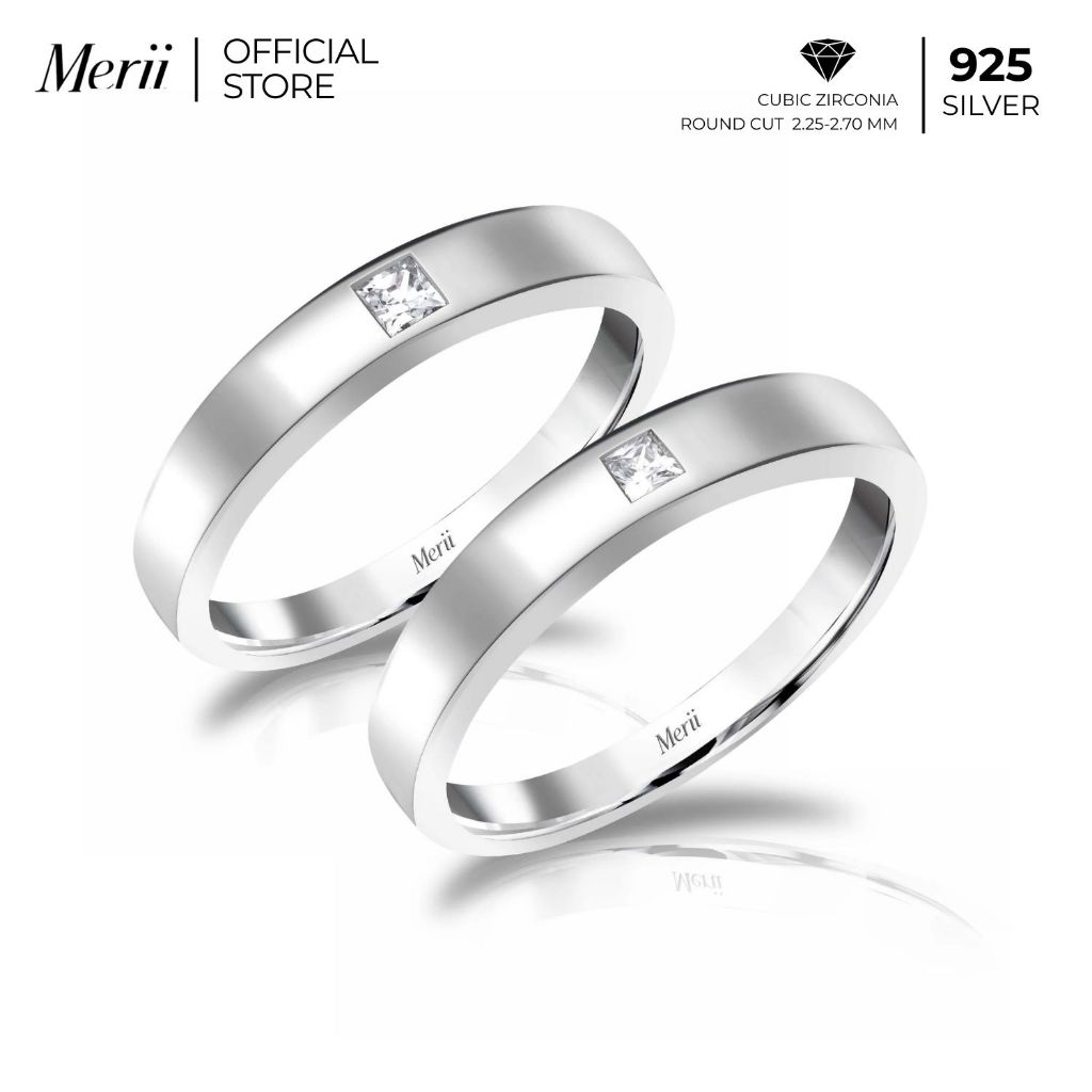 Merii แหวนคู่รักเงินแท้ชุบโรเดียม ประดับ CZ ฝังหุ้ม ดีไซน์แหวนเรียบ สไตล์ Couple Rings ราคาถูก Shopee Lazada