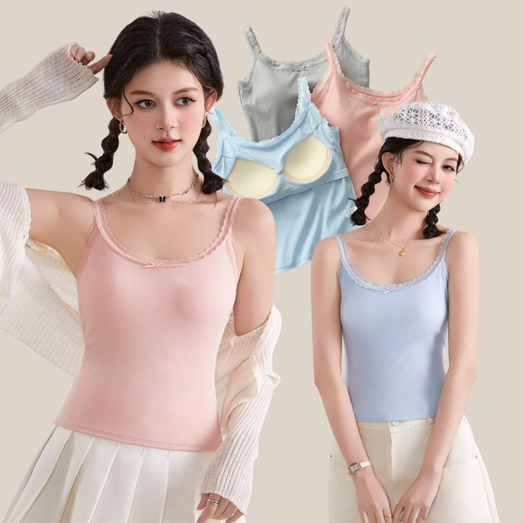 WsimpleBra | Koey Camisole สายเดี่ยว ขอบลูกไม้มีโบกลางอก มีบราในตัว เลิกใส่ชุดชั้นในและซิลิโคลปิดจุก