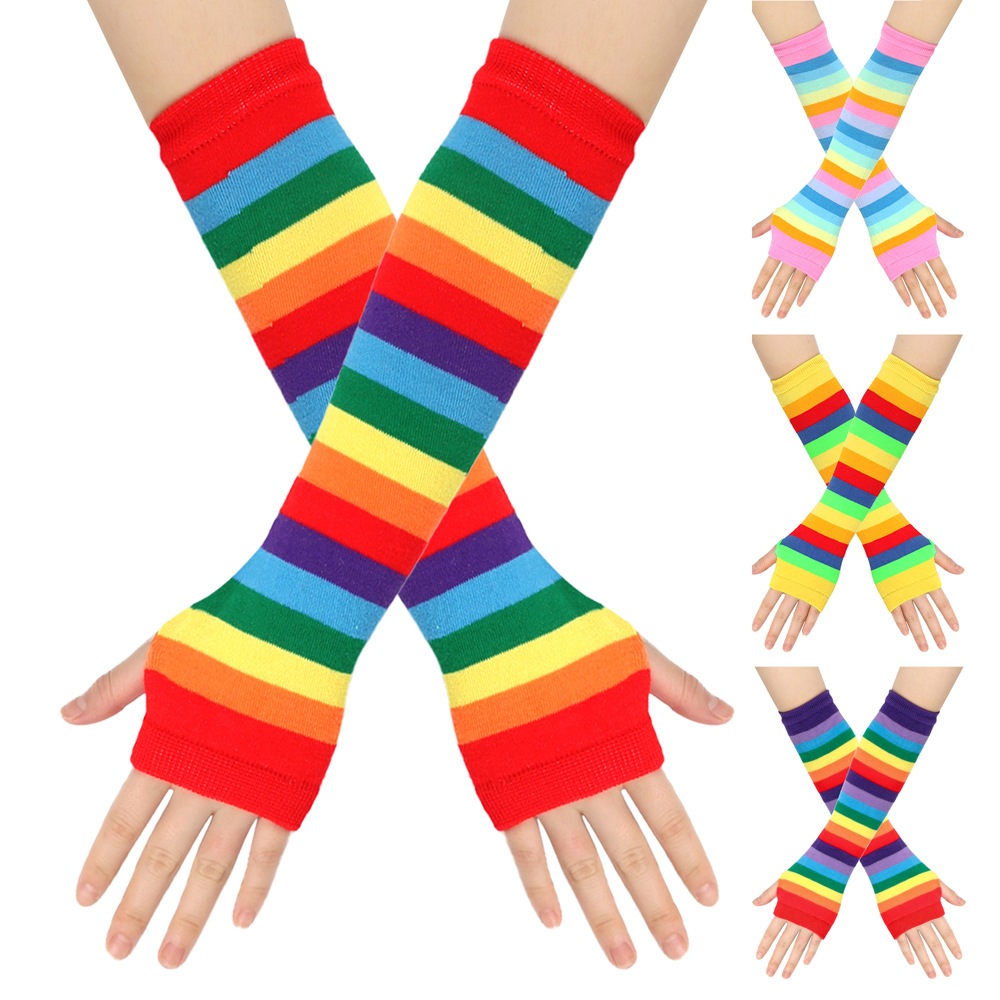 ถุงมือสีรุ้ง ครึ่งนิ้วลายสายรุ้ง ถุงมือยาว