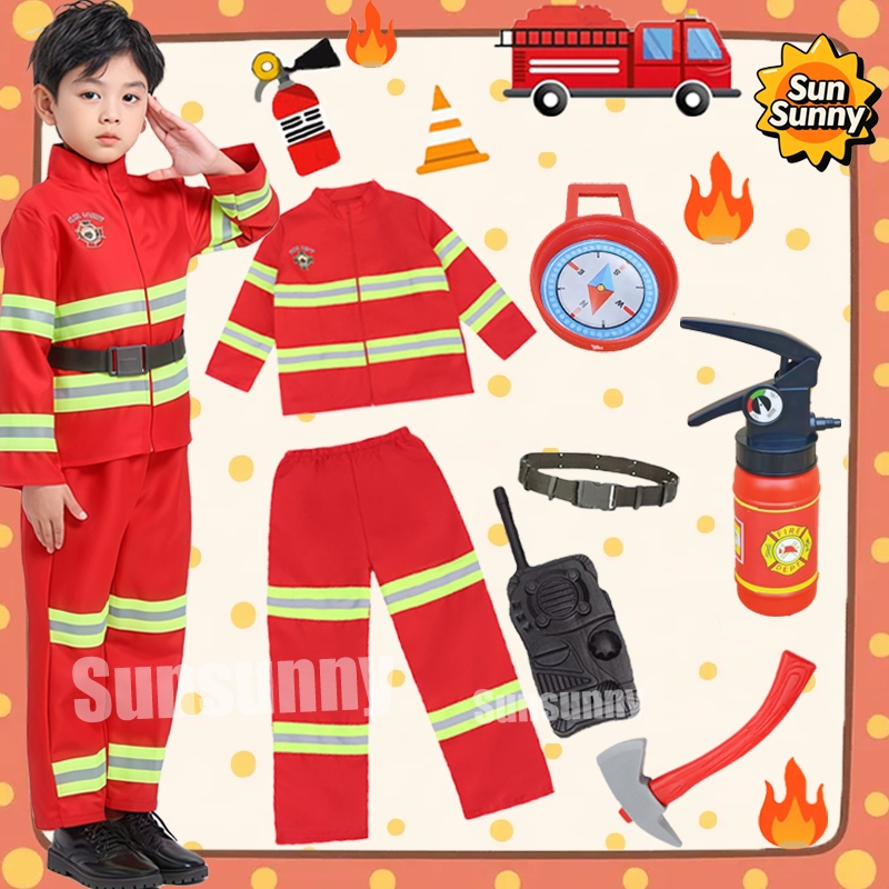 🔥🔥ชุดนักดับเพลิงเด็ก ชุดดับเพลิง เสื้อผ้าเข็มขัด หมวก ขวดฉีดน้ำครบชุด ชุดอาชีพเด็ก ชุดอาชีพดับเพลิงเด็ก คอสเพลดับเพลิง