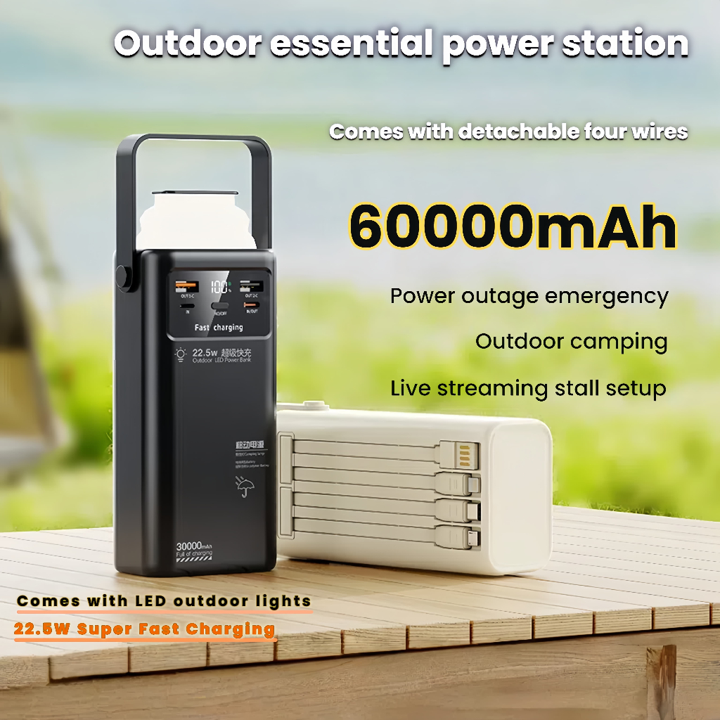 Power bank 60000mAh COD พาวเวอร์แบงค์ชาร์จเร็ว Fast Charge PD20W มีสายในตัว หน้าจอ LED