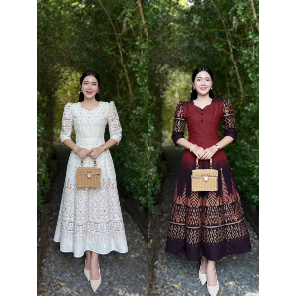 เดรสยาวผ้าฝ้ายพิมพ์ลายอัดกาวทั้งชุดใส่ทำงานใส่ออกงาน ขอแนะนำซักมือเพื่อถนอมสีผ้าให้สวยตลอด ทรงย้วย8ชิ้น