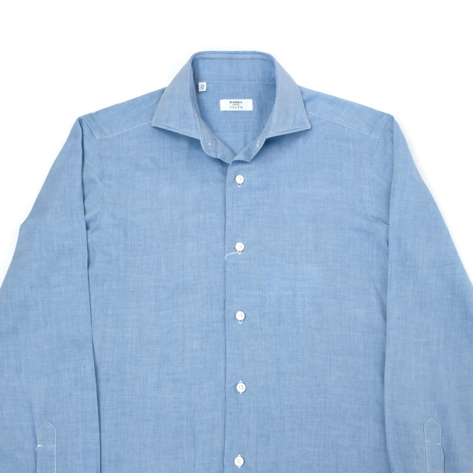 S - BARBA NAPOLI Culto Blue Spread Collar Herringbone Weave Cotton Shirt