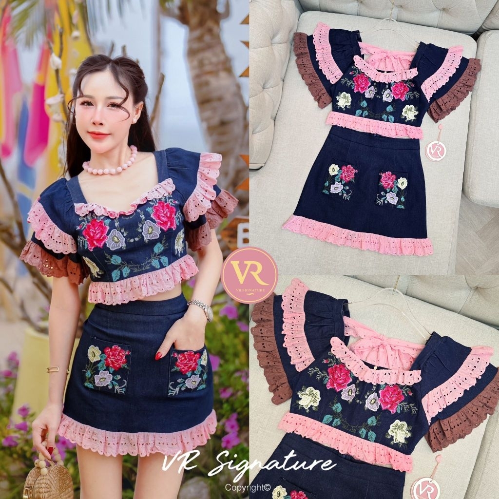VR Signature​ setชายเสื้อแต่งลูกไม้ มาพร้อมกระโปรงยีนส์สั้น(*สอบถามสต๊อกก่อนกดสั่งน๊า)