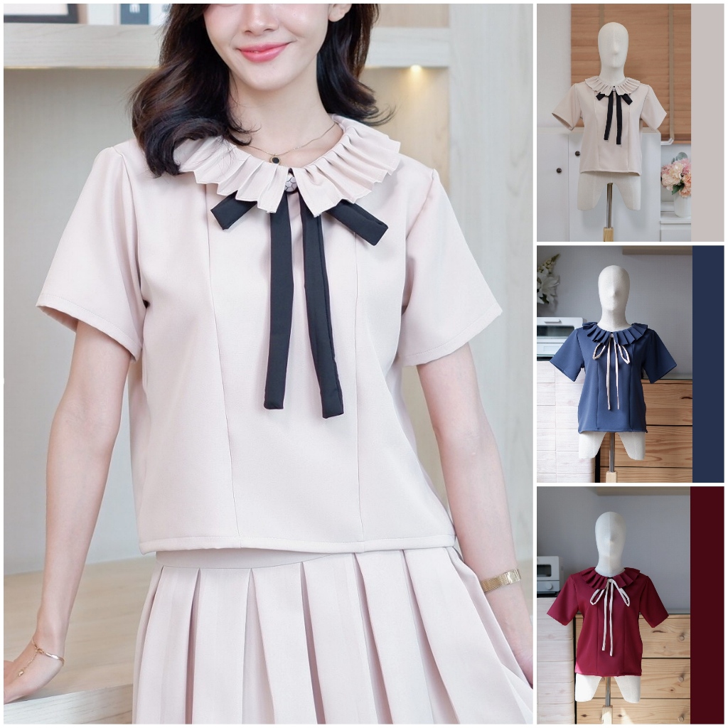 B25 เสื้อเเขนสั้น คอปกระบายอัดจีบ แพตเทิร์นน่ารักมาก ใส่ทำงานใส่เที่ยวได้Easter Egg