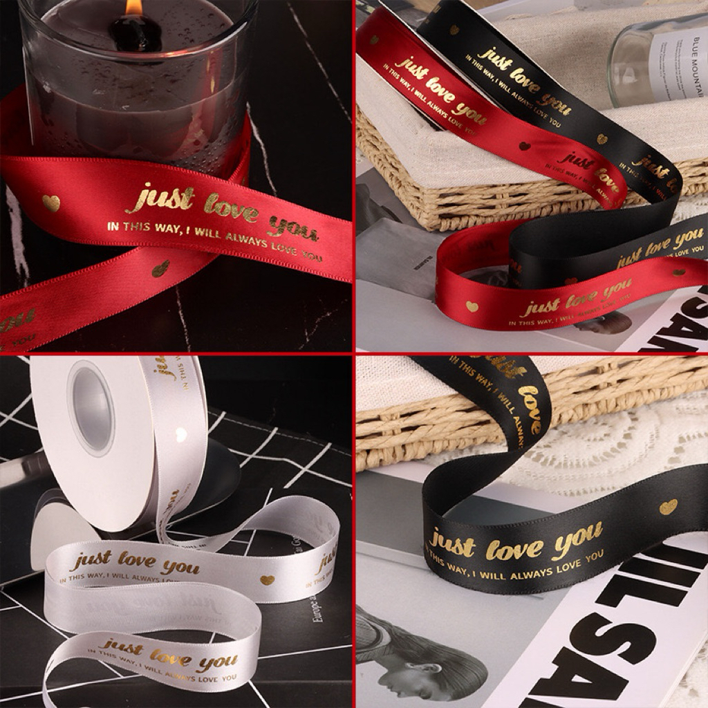 ริบบิ้นผ้าซาตินพิมพ์ทอง อักษรภาษาอังกฤษ กว้าง 2.5 cm ยาว 40 หลา - รูปที่ 2